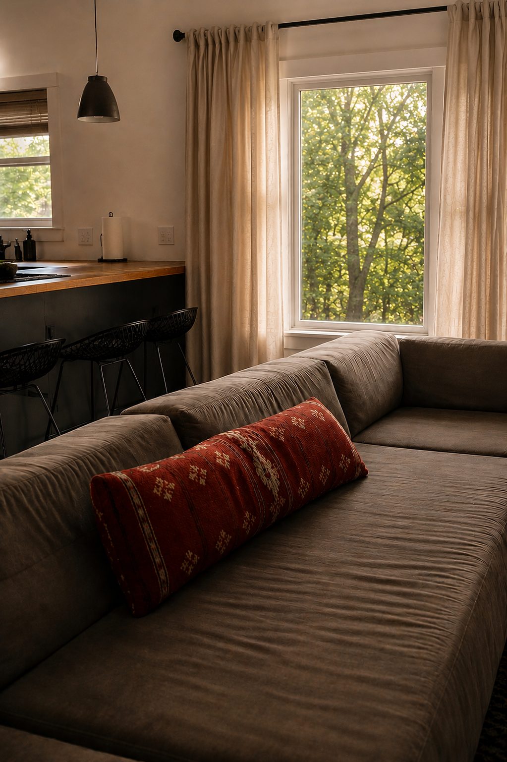 Stone fireplace + sectional